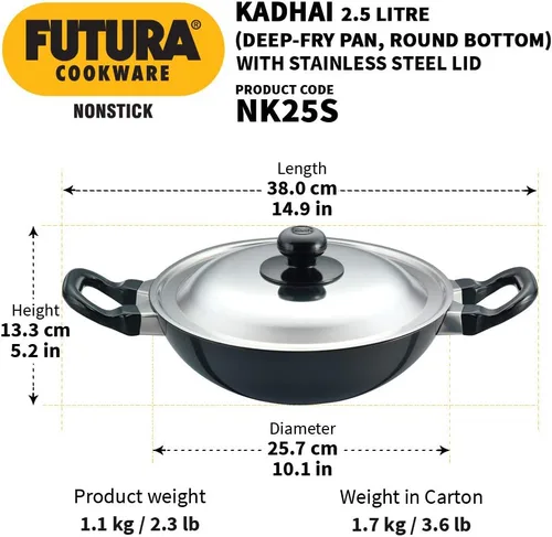 Vista 3 de Hawkins Futura Kadhai antiadherente 2,5 L, 10.2 in, 0.128 in con tapa SS (negro)