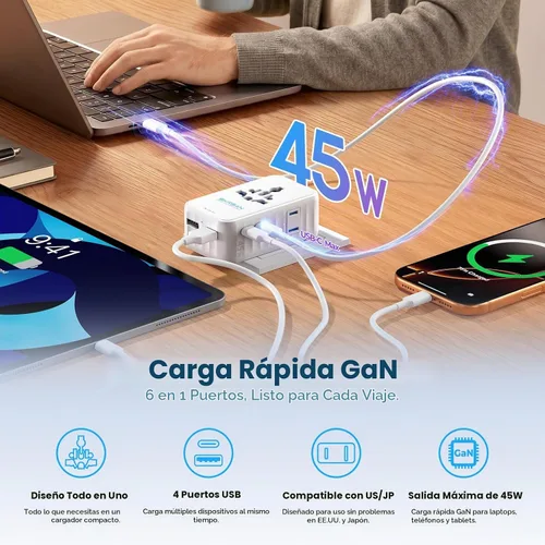 Vista 5 de Adaptador de viaje internacional ultrafino Aura de 45 W para más de Enchufe universal 6 en 1 de 1.417 in, PD&QC 3.0, carga rápida esencial