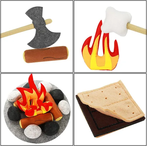 Vista 4 de 23 piezas de juguetes de fogata de simulación, juego de fogata de felpa y fieltro para niños, juguetes seguros de fuego falso, madera y piedras