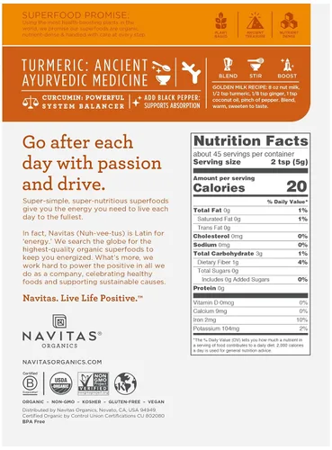 Vista 2 de Navitas Organics Cúrcuma en polvo, bolsa de 8 onzas, 45 porciones, orgánica, sin OMG, sin gluten (paquete de 2)