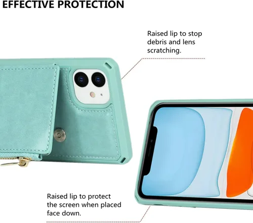 Vista 7 de iCoverCase Funda tipo cartera para iPhone 11 con soporte para tarjetas, bloqueo RFID, piel sintética de alta calidad, cierre magnético, a prueba