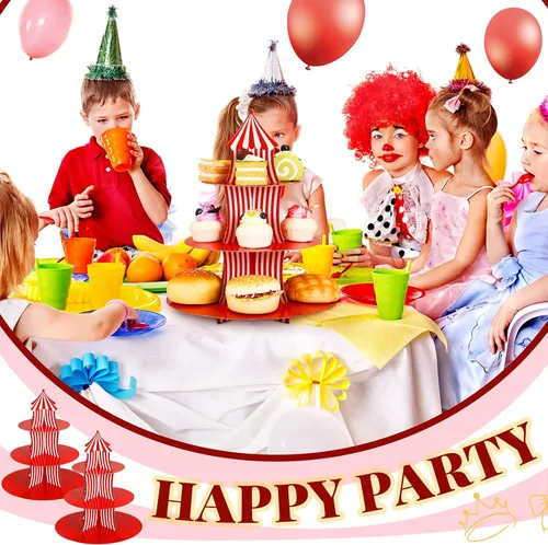 Vista 6 de Amyhill 2 soportes para cupcakes de carnaval de cartón de 3 niveles, soporte para cupcakes de circo a rayas rojas y blancas para exhibiciones