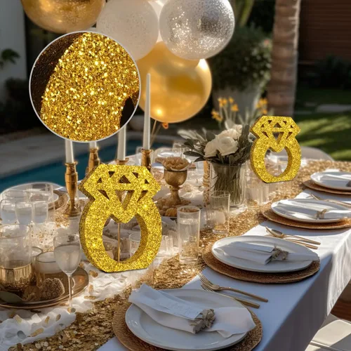Vista 3 de Decoraciones de compromiso, anillos de diamantes con purpurina dorada, centros de mesa para decoración de mesa, decoraciones de despedida