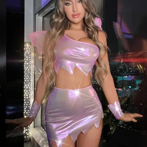 Vista 3 de GuliriFei Disfraz de princesa de cuento de hadas de Halloween para mujer, vestido verde con alas, disfraz sexy de Halloween