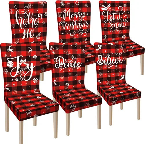 Vista 11 de Ganeen 6 piezas de fundas para sillas navideñas, funda para respaldo de silla de Navidad, funda elástica para asiento de Navidad lavable, protector
