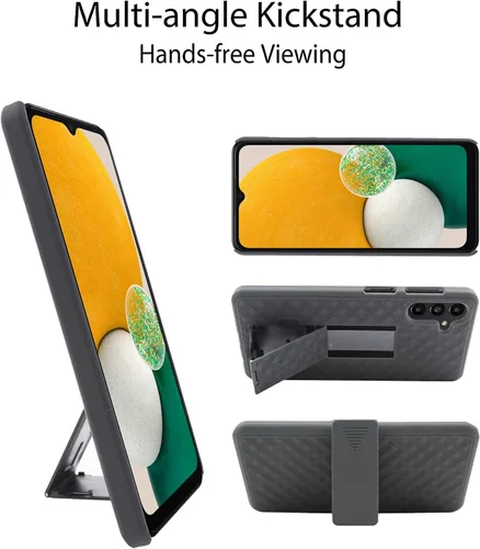 Vista 4 de Diseñado para Samsung Galaxy A13 5G, con funda delgada de vidrio templado, funda resistente con soporte integrado + clip giratorio para cinturón
