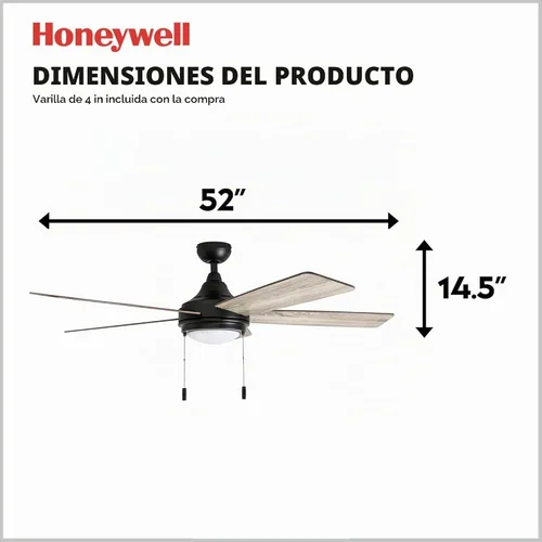 Vista 3 de Honeywell Ventiladores de techo Ventnor, ventilador de techo LED para interiores de 52 pulgadas de estilo granja moderna con luz, interruptor