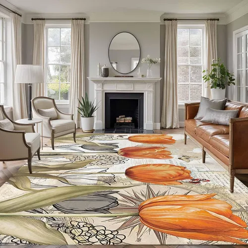Vista 14 de 2x3 Area Rugs, Orange Flower Non Slip Area Rugs for Living Room, Bedroom, Barhroom, Entryway, Watercolor Retro Tulip Floral Butterfly Soft Kitchen