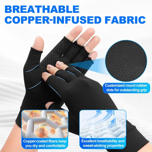 Vista 2 de 2 Pairs Copper Arthritis Compression Gloves for Women and Men, Infused for Arthritis, Fingerless Compression Gloves