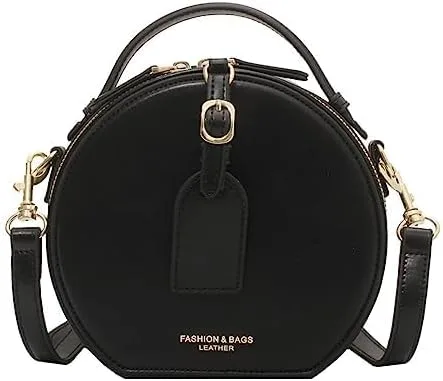 Vista 2 de Bolso redondo de cuero occidental para mujer, bolso redondo retro con asa superior con correa