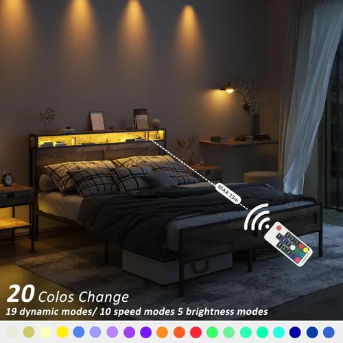 Vista 6 de Halitaa Base de cama LED de tamaño individual con estación de carga, plataforma de metal con almacenamiento de cabecera y puertos USB, marco de cama