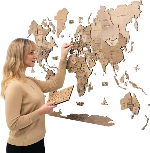 Vista 10 de Arte de pared de madera 3D con mapa del mundo (tamaño pequeño, multicolor)