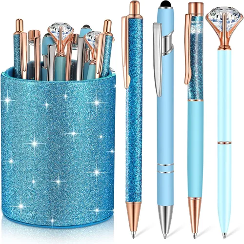 Vista 17 de Sabary 8 bolígrafos negros con soporte para bolígrafo para escritorio, con purpurina, diamantes de cristal, bonito soporte para lápices, organizador