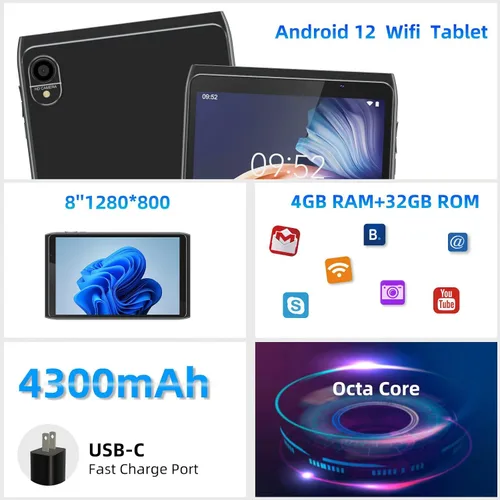 Vista 2 de Tablet Android 8 pulgadas, Tableta Android 12.0 de 32GB de almacenamiento con expansión SD de 1024GB, PC de tabletas, procesador Quad-core 2GB RAM