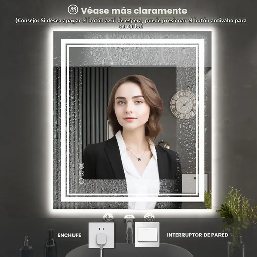Vista 6 de Espejo de baño LED de 24 x 28 pulgadas, luz frontal y retroiluminada, antiniebla, regulable, espejo de tocador iluminado con memoria, espejo LED