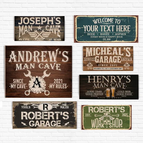 Vista 6 de Letrero de pared de madera personalizado con diseño de cueva de hombre, 4 tamaños, 9 colores y 9 opciones de fuente, regalo personalizado para papá