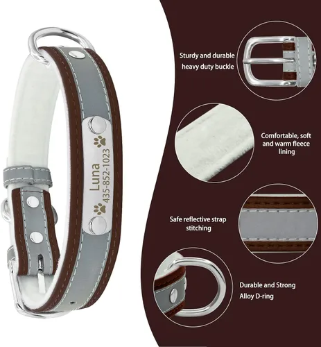 Vista 2 de Collar de perro de cuero reflectante personalizado con forro cálido, collar de perro personalizado con placa de nombre grabada para perros y gatos
