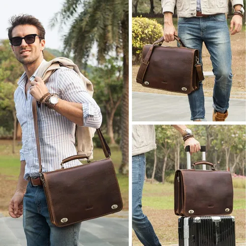 Vista 3 de CONTACTS Bolsa de mensajero para hombre, grande, de 15.4 pulgadas, maletín de cuero de caballo loco, bolsa para laptop, bolso cruzado vintage