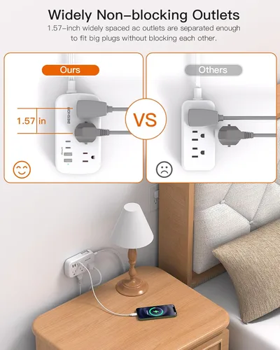 Vista 3 de Regleta de alimentación de 15 pies con enchufe plano y USB C, cable de extensión plano BESHON, 6 tomas de corriente 4 puertos USB (2 USB C), sin