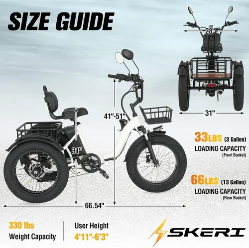 Vista 9 de Skeri Triciclo eléctrico para adultos, motor Etrike de 750 W (pico 1350 W), triciclo eléctrico plegable de 20 x 4 pulgadas, batería de 48 V13Ah