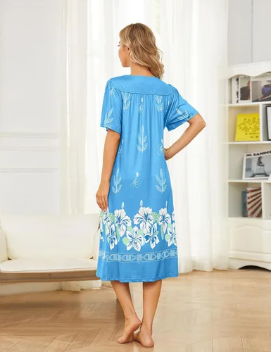 Vista 6 de Bloggerlove Camisón hawaiano para mujer, vestido de casa hawaiano Muumuu con estampado de tumbona, vestido de patio con bolsillos Moomoo