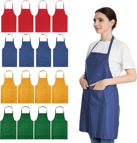 Vista 8 de Delantales azules a granel para mujeres y niñas con 2 bolsillos, delantales de cocina de restaurante de chef, delantales lisos, para artistas