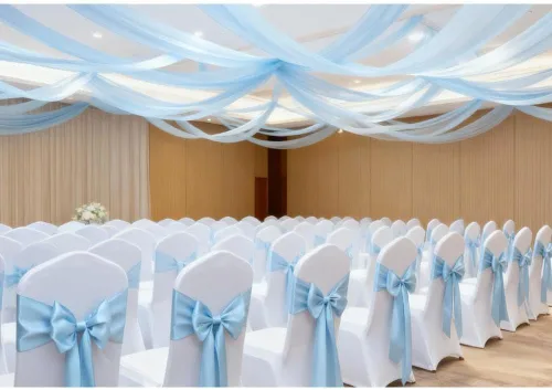 Vista 3 de Bandas de satén para sillas de color azul bebé, paquete de 50 lazos para sillas de color azul claro para boda, revelación de género, baby shower
