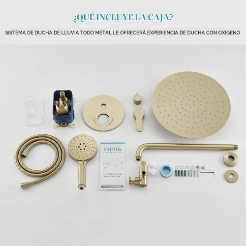 Vista 6 de Sistema de ducha de oro cepillado de 12 pulgadas para baño, cabezal de ducha de lluvia dorado de alta presión con rociador de mano, accesorios