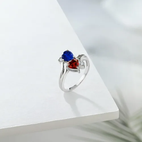 Vista 4 de Gem Stone King Anillo de plata de ley 925 con zafiro creado en azul y granate rojo para mujer