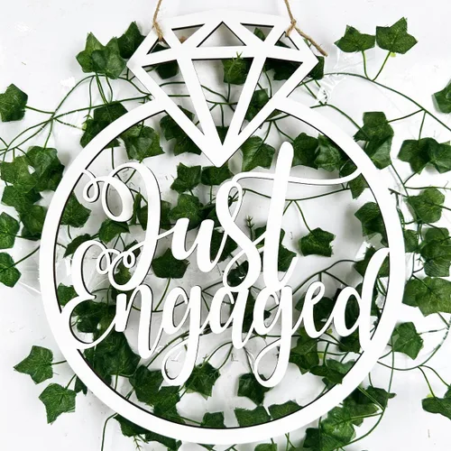 Vista 6 de Decoraciones de fiesta de compromiso, letrero de madera con texto en inglés «Just Engaged» para decoración de compromiso, anillo de diamantes
