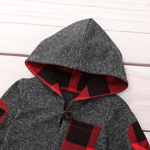 Vista 4 de Conjunto de 2 piezas de ropa para bebé y niña, de manga larga, con bolsillo a cuadros, con capucha y pantalones