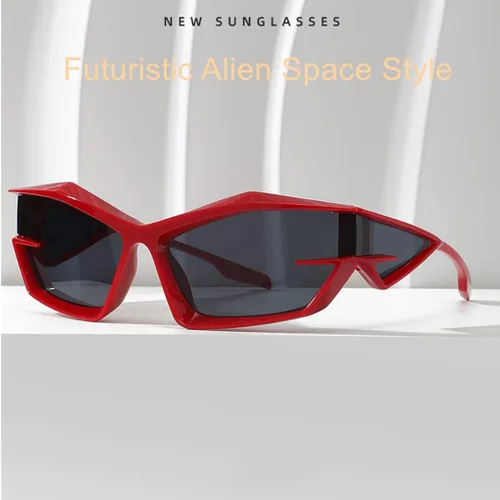 Vista 4 de Cool Futuristic Y2K - Gafas de sol para hombres y mujeres, deportes envolventes alrededor del escudo de ojo de gato, lentes de sol espaciales