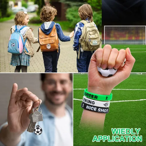 Vista 6 de Hungdao 158 piezas de recuerdos de fiesta de fútbol para 18 niños, incluye mini llavero de fútbol animoso, pulseras de silbato, calcomanías