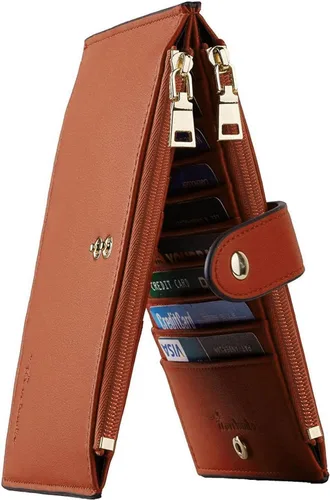 Vista 19 de Travelambo Billeteras de cuero para mujer, delgada, con bloqueo RFID, billetera plegable para tarjetas de crédito, Marrón beige