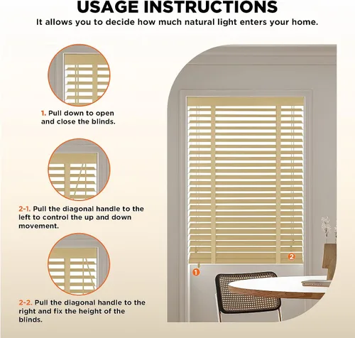 Vista 6 de Persianas de madera con listones de 2 pulgadas para ventanas de interior: persianas opacas de madera maciza, persianas horizontales de privacidad