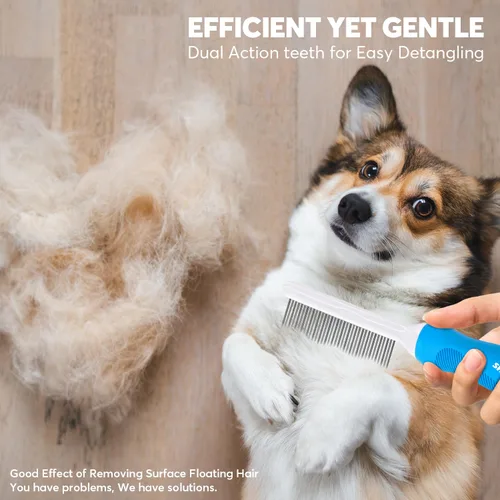 Vista 7 de Peine desenredante de aseo para mascotas para perros y gatos con dientes metálicos largos y cortos de acero inoxidable para eliminar enredos