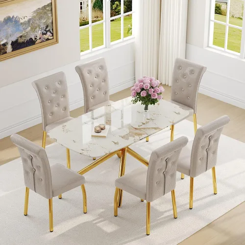 Vista 27 de Juego de mesa de comedor moderna para mesa de comedor negra de 4,63 pulgadas, juego de 4 con patas de metal dorado, mesa de cocina rectangular