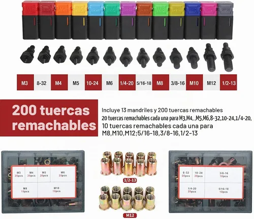 Vista 2 de AIUITIO Herramienta de Tuerca Remachable de 16", Kit de Herramienta Rivnut con 13 Mandriles Métricos y SAE, Juego de Herramienta de Remache Nutsert