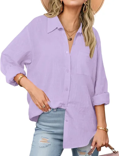 Vista 9 de Zeagoo - Blusas de lino con botones para mujer, de gasa, algodón, manga larga, blusas informales con cuello, corte holgado