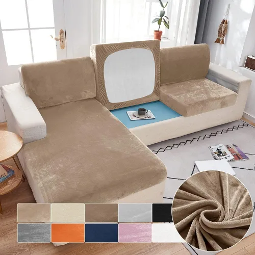 Vista 7 de Funda de terciopelo para sofá separada, fundas de sofá para sofá de 2 cojines, súper elásticas, resistentes al desgaste, protector de muebles Beige