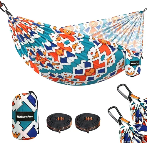 Vista 14 de NATUREFUN Hamaca ultraligera para viajes y camping Capacidad de carga de 300 kg, transpirable, de secado rápido Incluye 2 mosquetones premium, 2