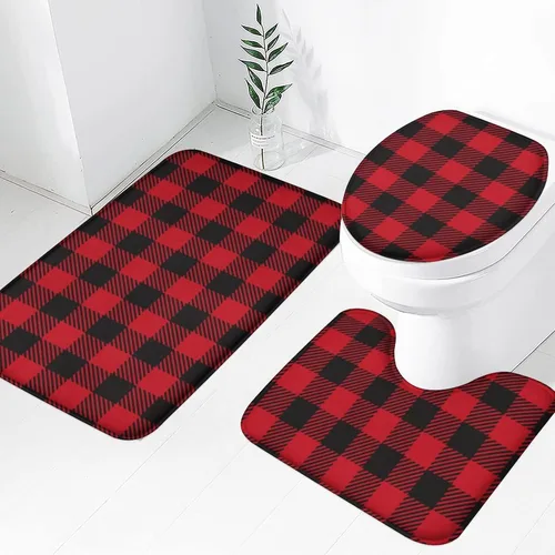 Vista 3 de Juego de 3 tapetes de baño a cuadros negros y rojos con diseño de cuadros de búfalo para decoración de invierno, antideslizante, absorbente de agua