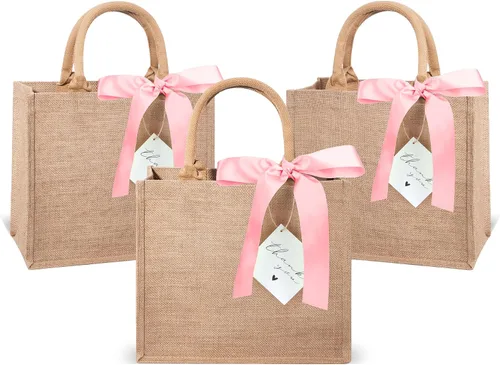 Vista 7 de Paquete de 6 bolsas de arpillera con asas reutilizables, mini bolsas de regalo de yute con cintas de seda azules, forro impermeable para bodas