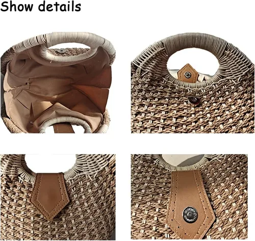 Vista 3 de Bolsas de paja para mujer, tejido a mano, con asa, anillo retro, para verano, playa, ratán.