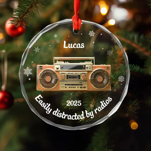 Vista 6 de Personalized Radio Lover Glass Ornament, Custom Retro Boombox Christmas Keepsake with Name and Year, for Music Fans, Xmas Gifts 2025