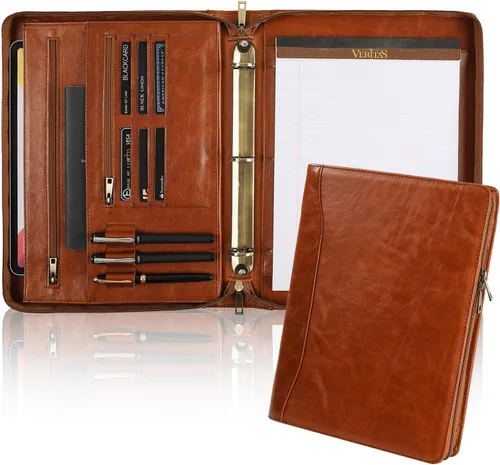 Vista 8 de Cartera de piel auténtica, carpeta de 3 anillas, organizador de padfolio de 11 x 14 pulgadas, carpeta profesional de negocios para hombres y mujeres