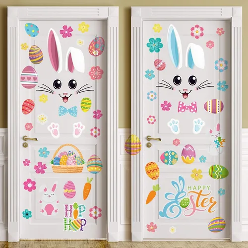 Vista 3 de Kajaia 4 piezas Adhesivos de puerta de Pascua felices Adhesivos de refrigerador Huevo de Pascua Flor de Pascua Conejo de Pascua Adhesivos de pared