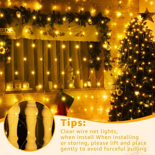 Vista 6 de Ollny - Luces de red para exteriores de 10 x 7 pies, 210 luces LED de cable transparente conectables, luces de red de Navidad con 8 modos, IP67