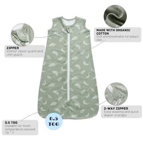 Vista 5 de Owlivia Manta Portátil de Algodón Orgánico para Bebé 0.5 TOG - Saco de Dormir Ligero con Cremallera de 2 Vías, Saco de Dormir de Transición Swaddle