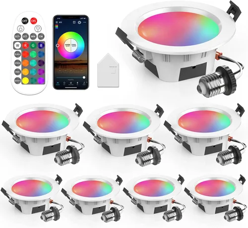 Vista 12 de Luz de lata inteligente de 6 pulgadas, multicolor, atenuada, 2700K-6500K CCT seleccionable, iluminación LED empotrable RGB remota, paquete de 4